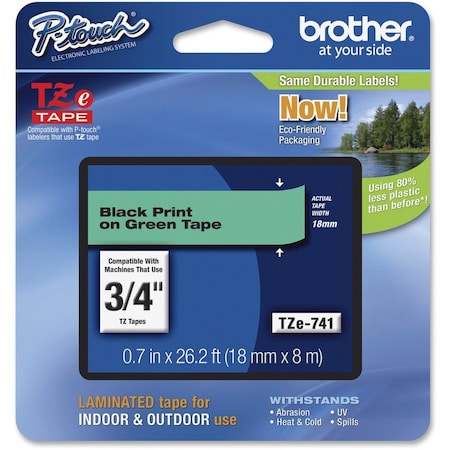 Brother Brother 18mm (3/4") Black on Green Laminated Tape (8m/26.2') TZE741