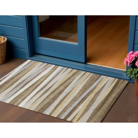 Homeroots 3' X 5' Brown Beige And Gray Striped Washable Indoor Outdoor Area Rug 597313