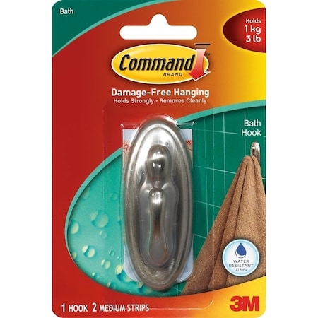 Command 17051BNB Decorative Hook, 3 lb, 1Hook, Plastic, Silver, Brushed Nickel 17051BNB-ES