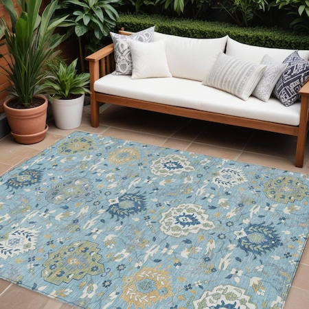 Homeroots 8' X 10' Sky Blue Ivory And Gold Damask Washable Indoor Outdoor Area Rug 599451