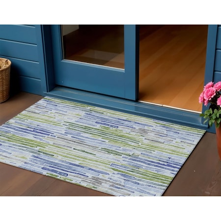 Homeroots 3' X 5' Sky Blue And Fern Green Striped Washable Indoor Outdoor Area Rug 617692
