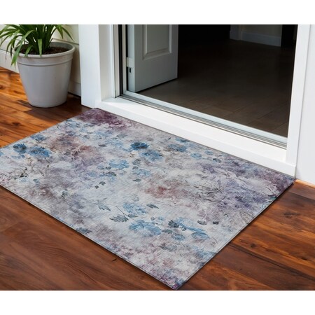 3' X 5' Navy Blue And Sky Blue Floral Washable Indoor Outdoor Area Rug