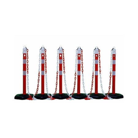 Pittman Delineator Chain Post with Base, Set of 6, Red and White, 50' Plastic Chain, 6PK 755690