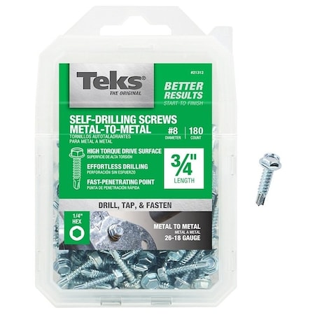 Teks Self-Drilling Screw, #8 x 3/4 in, Zinc Plated Steel Flange Hex Head External Hex Drive 21312