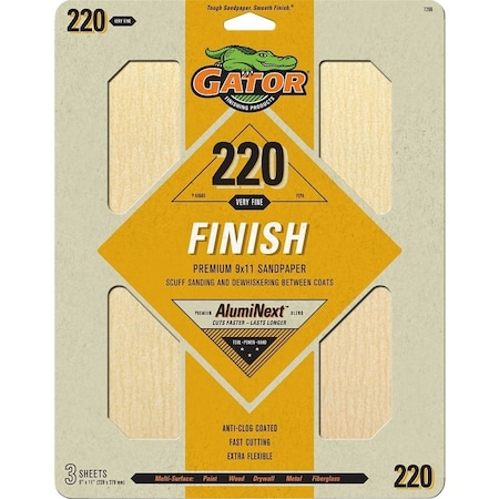 Gator Sanding Sheet, 11 in L, 9 in W, 220 Grit, Extra Fine, Aluminum Oxide Abrasive 7266