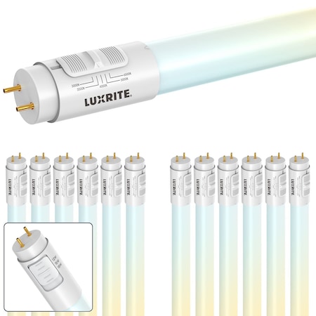 Luxrite 4FT LED Tube Light, T8, 12W/15W/18W, 5CCT 3000K-6500K, 1620/1950/2250LM, 220Deg., Ballast, 12PK LR34246