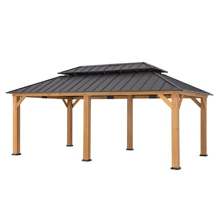 Sunjoy 12ftx20ft  Wood Gazebo, Outdoor Patio Steel Hardtop Gazebo, Cedar Framed Wooden Gazebo, Dark Brown A1020326F0