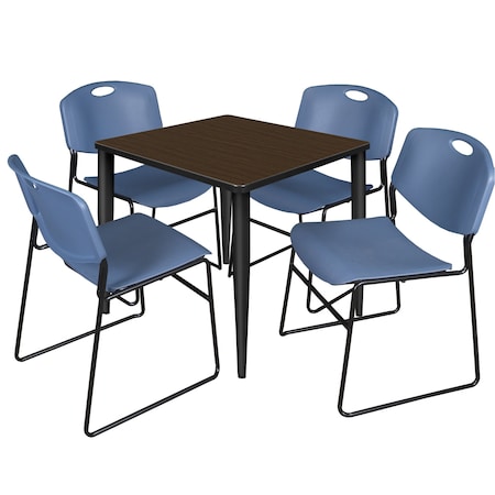 Regency Square Kahlo Breakroom Table W/ 4 Zeng Stack Chairs, 30 in W, 30 in L, Neo Walnut TPL3030NWBK44BE