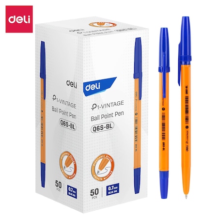 Deli Vintage Capped Ballpoint 0.7mm, Blue Ink, Orange Barrel, 50PK EQ6S-BL