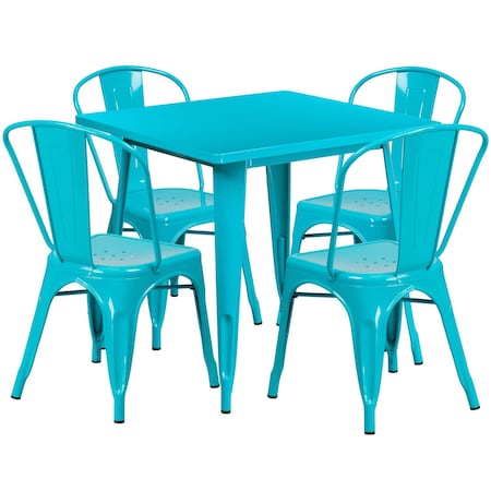 Flash Furniture Square Teal-Bl Metal Table Set, 31.5SQ, 31.5" W, 31.5" L, 29.5" H, Metal, Blue ET-CT002-4-30-CB-GG