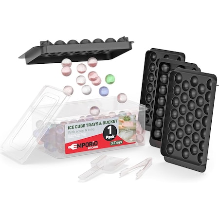 Emporio Kitchen Round Ice Cube Tray Set Pack of 1, BPA-Free, 33 Ice Balls per Tray, Lid & Tongs, Black EMPICES31BK