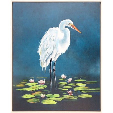 Homeroots Egret in Lily Pads Canvas Silver Floater Frame Print Wall Art 474078