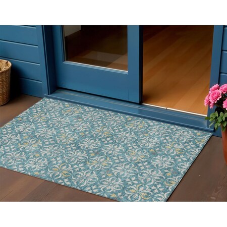 Homeroots 3' X 5' Teal Blue Gray And Gold Floral Washable Indoor Outdoor Area Rug 595991