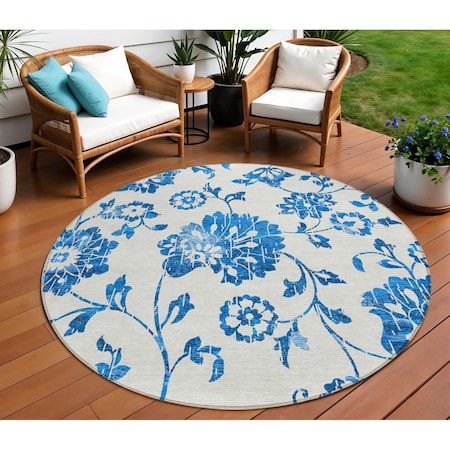 Homeroots 8' White And Denim Blue Round Floral Washable Indoor Outdoor Area Rug 589514