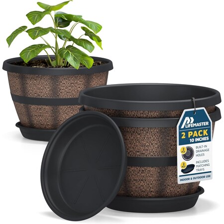 Lifemaster 10-Inch Whiskey Barrel Planters, Rustic Plastic Pots with Drainage and Saucers, 2PK LMPBP2BW2
