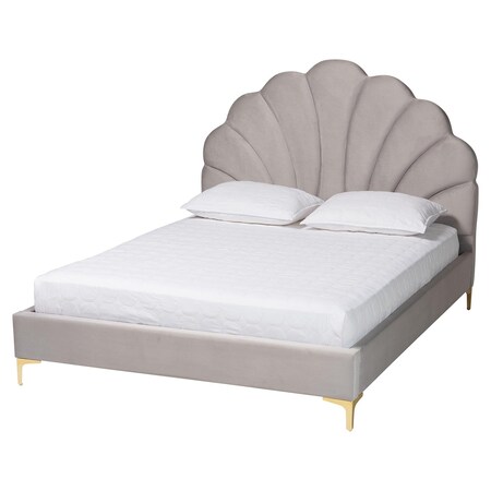 Baxton Studio Acosta Glam and Luxe Light Grey Velvet Seashell-Headboard Queen Size Platform Bed 251-13775-ZORO