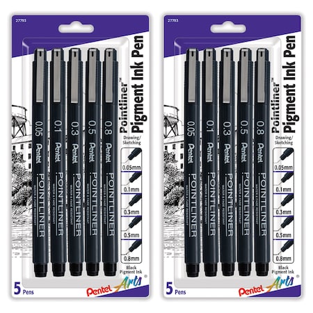 Pentel Pointliner Pen, Assorted Sizes, Black Pigment Ink, 5-Piece Set, 2PK S20PBP5A