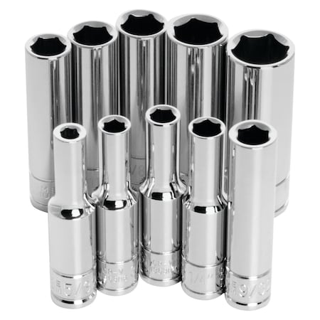 Performance Tool 10 pc. 1/4 in. Dr. 6pt SAE Deep Socket Set, Fastener Rounding, CrV, Rail W36300