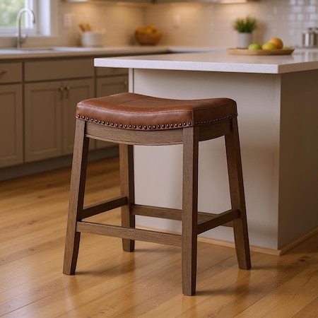 Homeroots 26" Brown Faux Leather and Solid Wood Backless Counter Height Bar Chair 632496