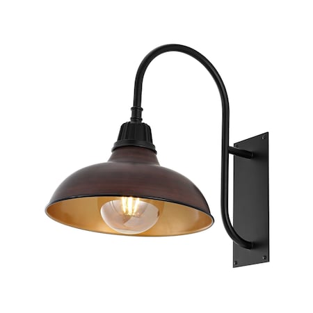 Jonathan Y Stanley 12.25" 1-Light Farmhouse Industrial Iron LED Gooseneck Arm Outdoor Sconce, Wood Finish/Copper JYL7614G