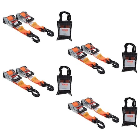 Mytee Products 2in x 10ft Auto Re-Tractable Ratchet Straps with Zinc Coated S hook - Orange 8 Pcs, 4PK RS210R-OR2PKx4