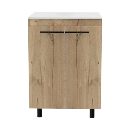 Homeroots 24" Oak And Black Wood Freestanding Bathroom Vanity With White Sink 543634