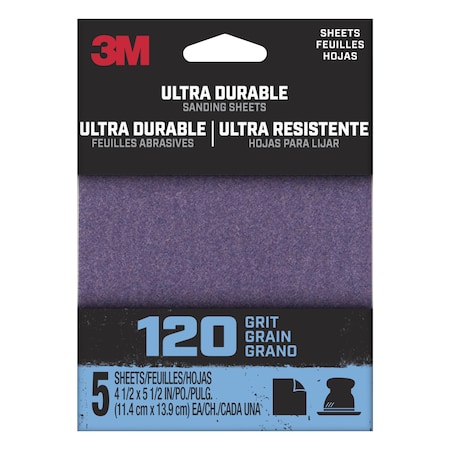 3M Ultra Durable Power Sanding 1/4 Sheet, 120 grit, 5 pk, 20PK 1/4SHT5PK120