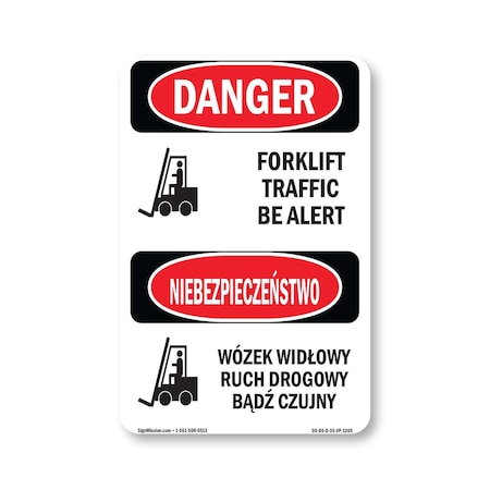 Signmission Safety Sign, OSHA Danger, 5" Height, Forklift Traffic Be Alert Bilingual, D-35-VP-1265 OS-DS-D-35-VP-1265