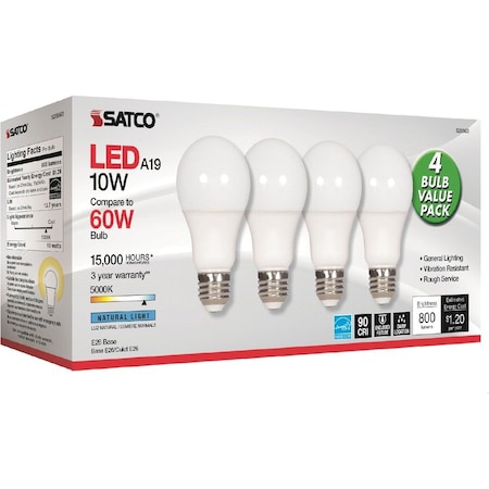 Satco Bulb, LED, 10W, A19, Medium, 120V, Frosted White, 50K, 4PK S28563