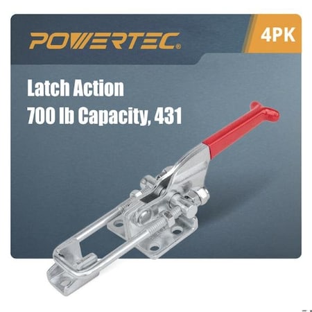 Powertec Toggle Clamp, 700 lbs Cap., 431 Adj. U Bolt Latch, Antislip Hand Grip20307-P4, 4PK 20307-P4N