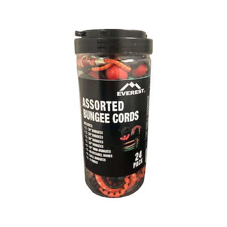 Everest 18 in, 24 in, 30 in, 36 in, 10 in Assorted Bungees with Jar, Hooks, O-rings, 24PK KB0241