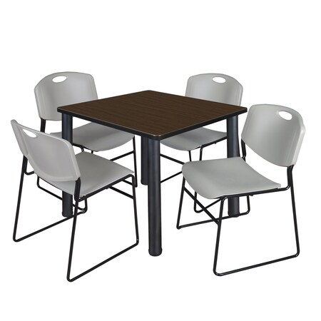 Regency Square Kee Breakroom Table W/ 4 Zeng Stack Chairs, 42 in W, 42 in L, Neo Walnut TB4242NWBPBK44GY