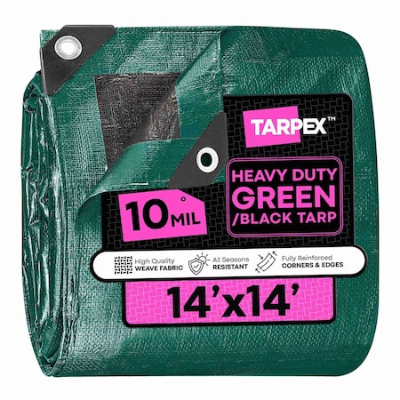 Tarpex Heavy Duty Tarp, 14 ft x 14 ft, 10 Mil, Green/Black, Polyethylene MTGB-TA-1414