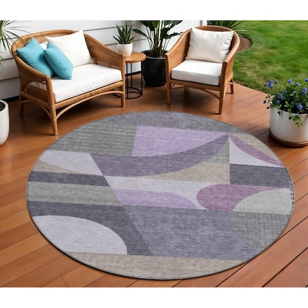 Homeroots 8' Purple Gray And Beige Round Geometric Washable Indoor Outdoor Area Rug 616738
