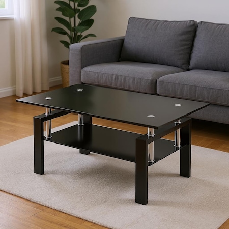 Homeroots 39" Black Glass and Steel Coffee Table With Shelf 635697