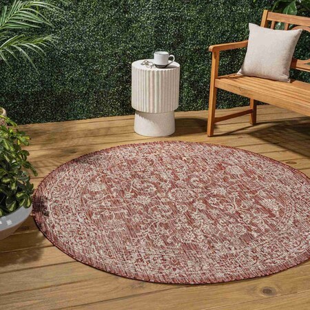 Jonathan Y Tela Bohemian Textured Weave Floral Red/Taupe 4 ft Round Indoor/Outdoor Area Rug SMB100A-4R