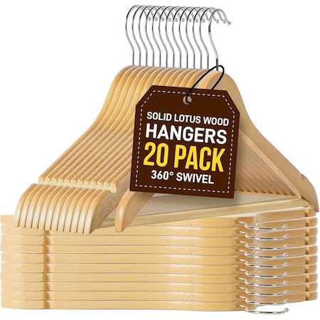 Lifemaster Wooden Hanger Set, Non-Slip, Space-Saving, Swivel Hook, Natural Wood, 20PK LMHNWD20