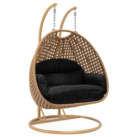 Leisuremod Mendoza Light Brown Wicker Hanging 2 person Egg Swing Chair with Black Cushions MSCLBR-53BL