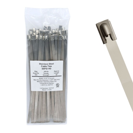 Cable Ties Unlimited Cable Tie, 12 in L, 300 lb Strength, 3.3 in Max Bundle Dia, 316 Stainless Steel, Silver, 100PK SSP12-HD