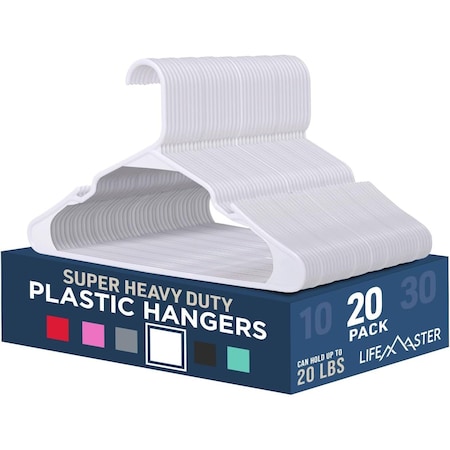 Lifemaster Heavy-Duty Plastic Hangers, Non-Slip, Space-Saving, Holds 5 lbs, White, 20PK LMPLCWH20