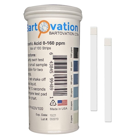 Bartovation Peracetic Acid Test Strips, 0-160 ppm ( Vial of 100 Strips) PPA03V100