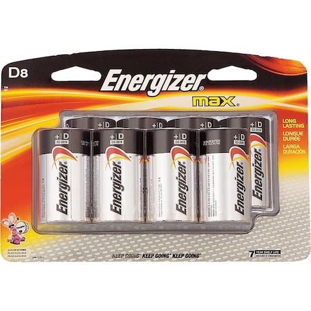 Energizer Max D Alkaline Battery, 8PK E95BP-8H