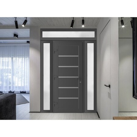 Vdomdoors Front Exterior Prehung Metal-Plastic Door, Manux 8415 Antracite Grey, 2 Side and Top Sidelite Trans MANUX8415EXD-ANT-W12+32+12xH80+14-RH