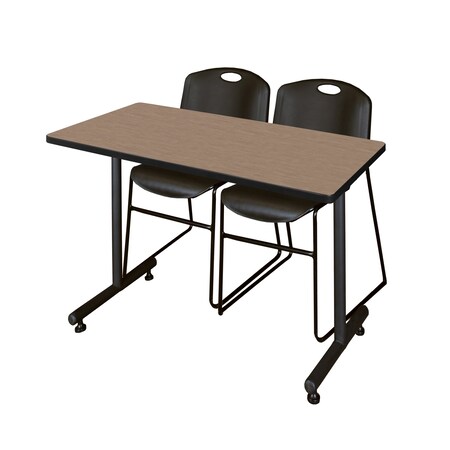 Regency Kobe T-Base Training Seminar Table W/ 2 Zeng Stack Chairs, 48 in W, 24 in L, Noble Oak MKTRCT4824NO44BK