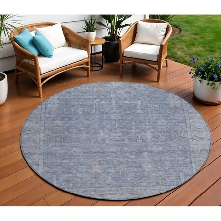 Homeroots 8' Denim Blue And Gray Round Oriental Washable Indoor Outdoor Area Rug 604715