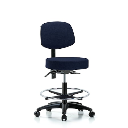 Blue Ridge Ergonomics Bench Stool, Med, Fab, Bk, CF, Casters, Nav BR-FMBST-RG-T0-CF-RC-F45
