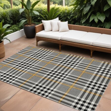 Homeroots 9' X 12' Black Gold And Ivory Plaid Washable Indoor Outdoor Area Rug 601456