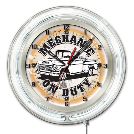 Holland Bar Stool Co Mechanic on Duty Double Neon Ring, 19" dia. Logo Clock Clk19Mchnic