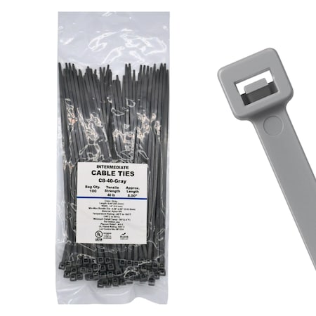 Cable Ties Unlimited Cable Tie, 8 in L, 40 lb Strength, 2.2 in Max Bundle Dia, Nylon 6/6, Gray 100PK C8-40-Gray