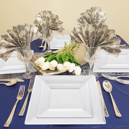 Smarty Had A Party 9.5" White with Silver Square Edge Rim Plastic Dinner Plates (120 Plates), 120PK 519S-CASE